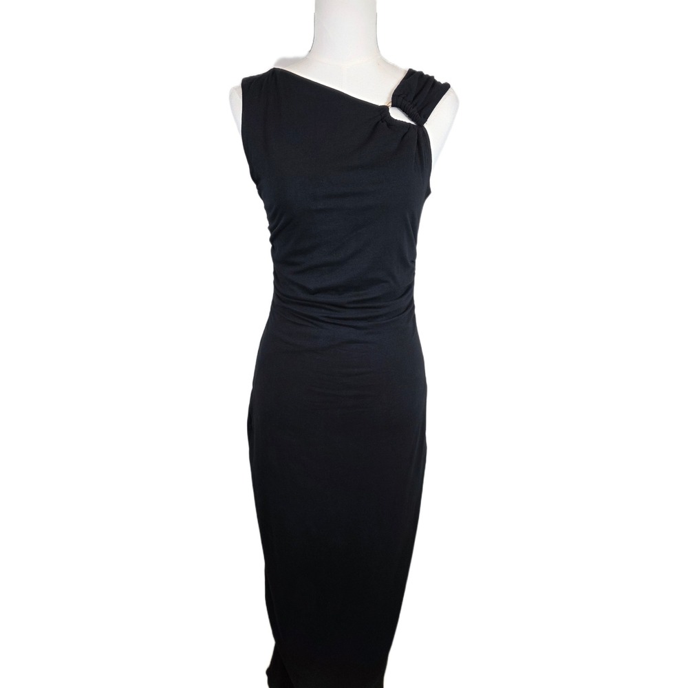 Open Edit Black One Shoulder Maxi Dress w/Gold Ring Detail Ruched Side